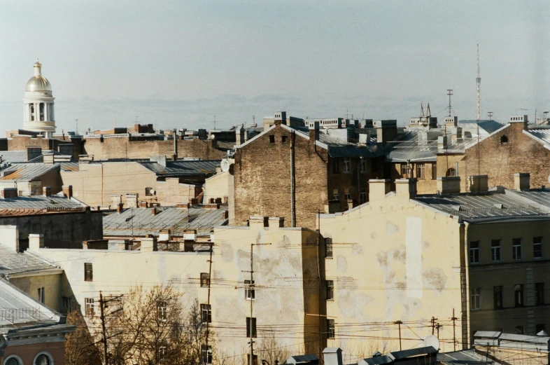 looking down at an old city area with many brick buildings