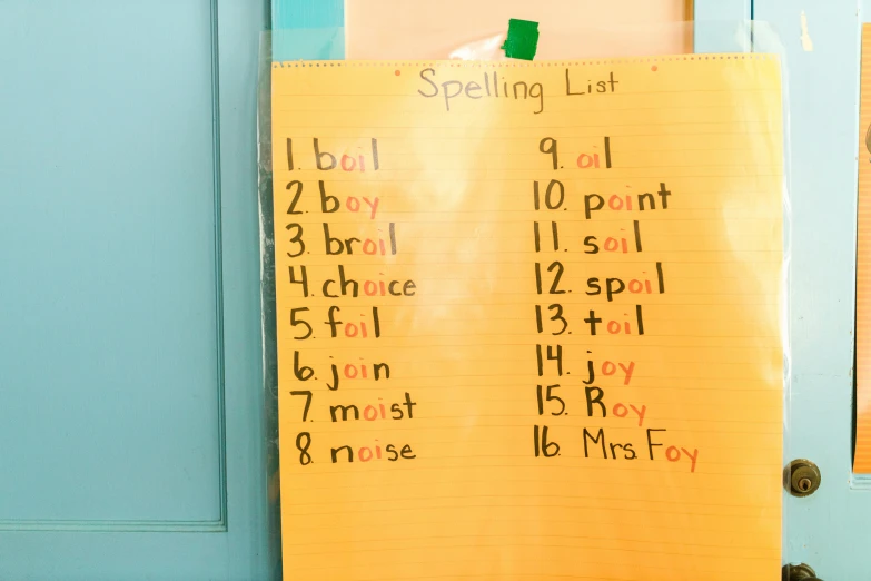 the poster says spelling list and a list on a bulletin board