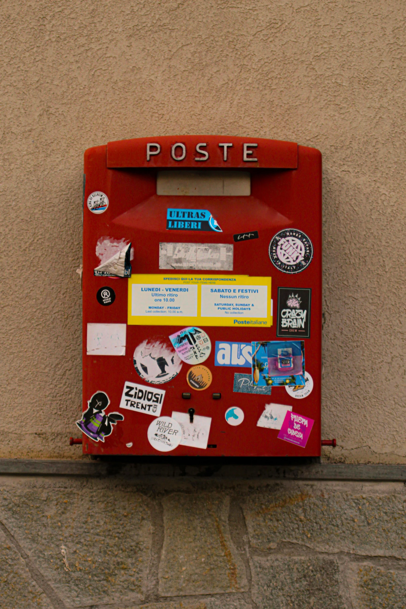 a post office with stickers and a clock