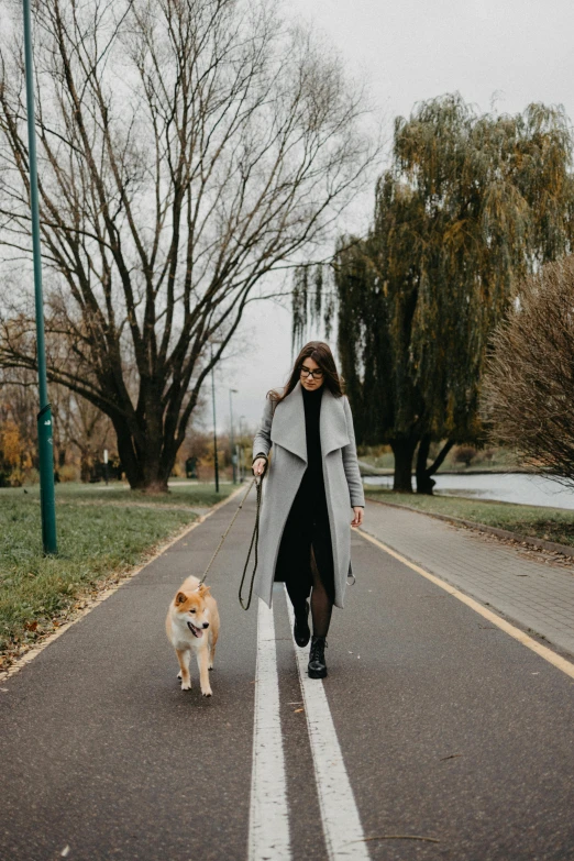 a woman is walking a dog on a leash