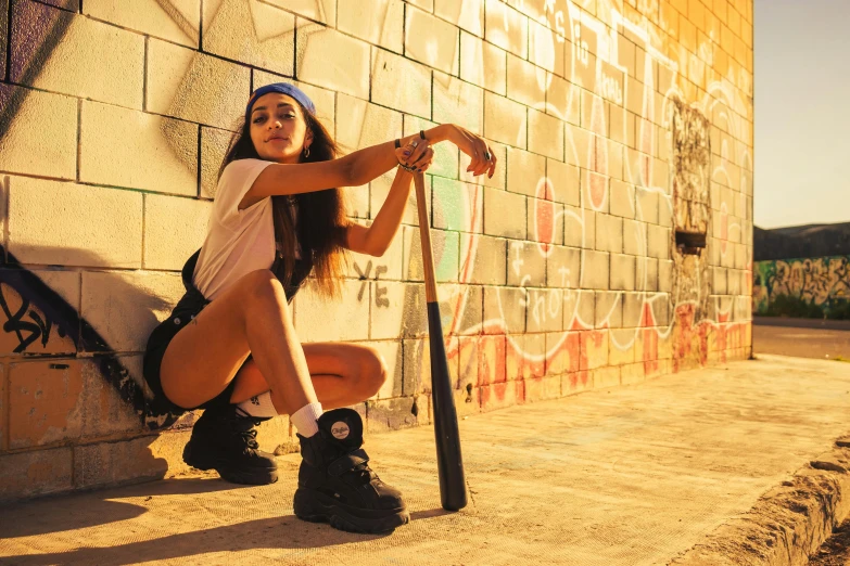 a woman sitting in the dirt holding onto a pole