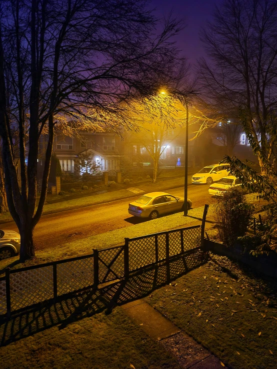 an open gated street with cars parked along it at night