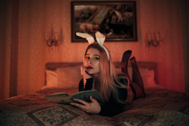 a young woman reading a book while laying in bed