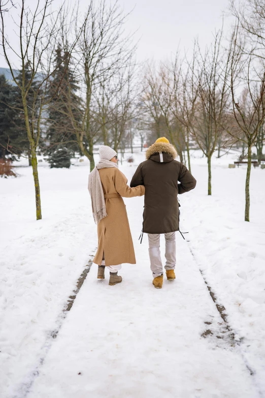 two people walking together on a snowy path