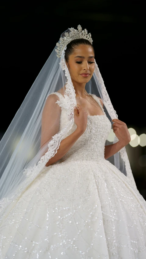 a woman wearing a bridal gown with a veil