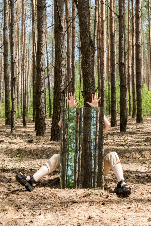 a man laying on the ground in the woods