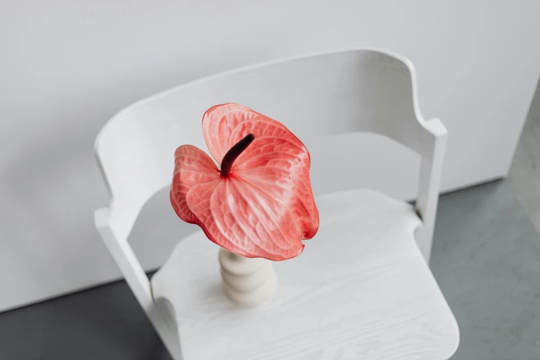 a white chair with a vase with red flowers in it