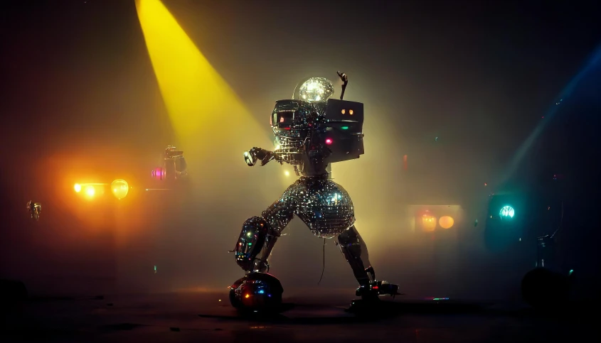 a robot has lights shining on it