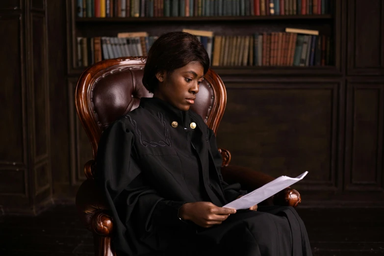 a woman wearing a priest's outfit reads paper