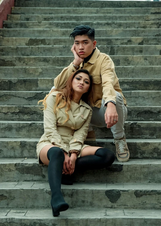 two people sitting on the stairs with one leaning on another