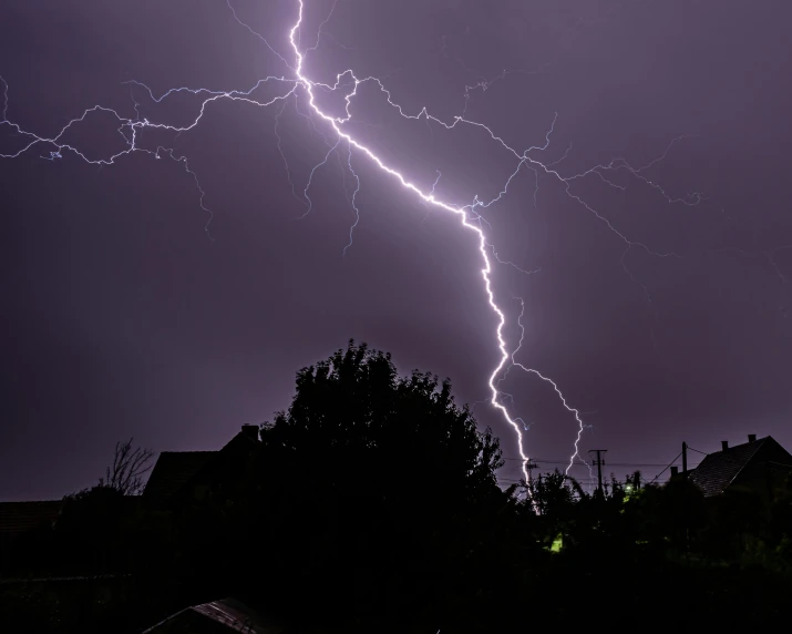 lightning striking over a treeline at night