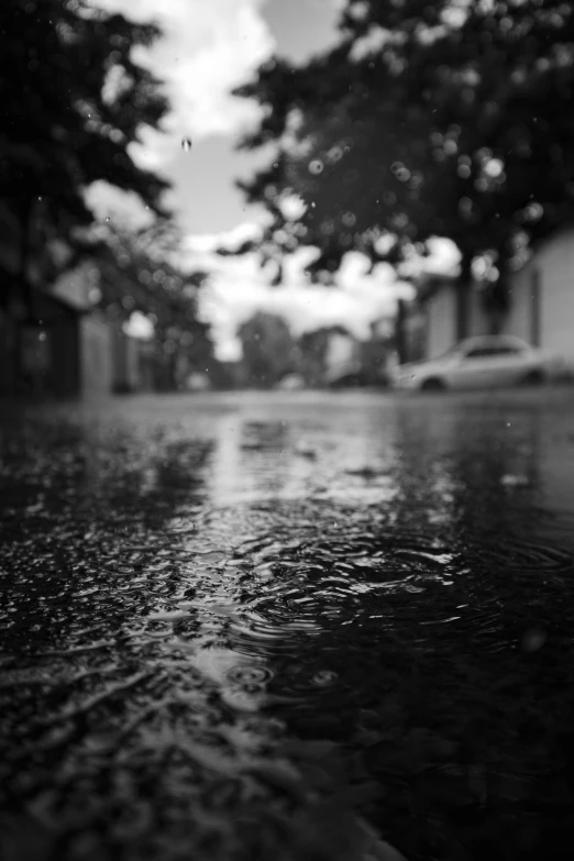 a black and white po of water on a street