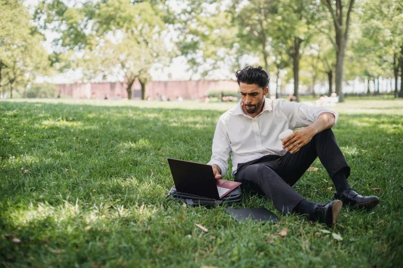 a man sitting on the grass working on a laptop