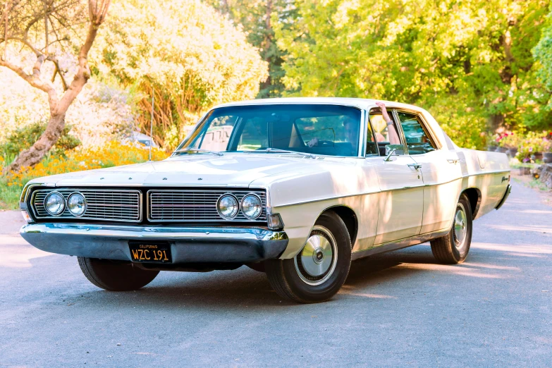 old american car parked along a forest road