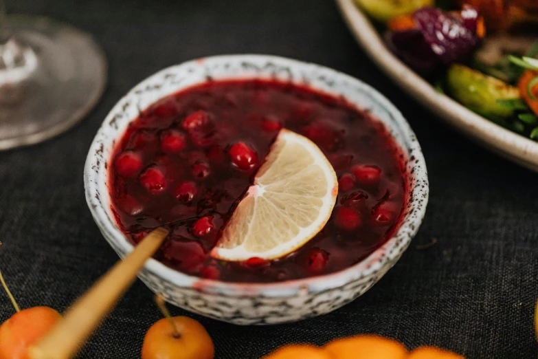 a lemon wedge rests in a bowl of red cranberry soup