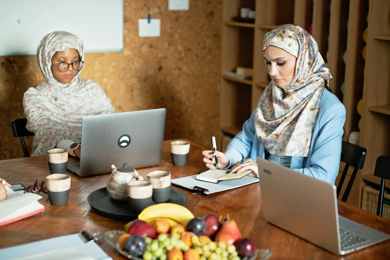 two women seated at a table working on their laptops