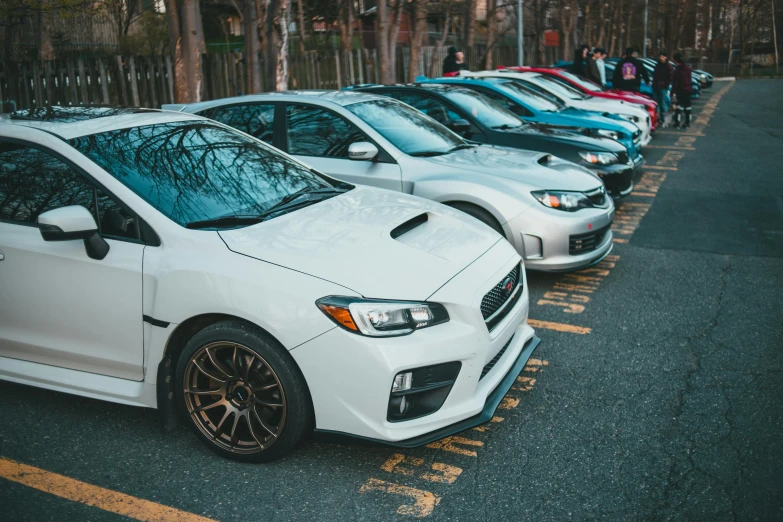 white cars parked in a row in the street