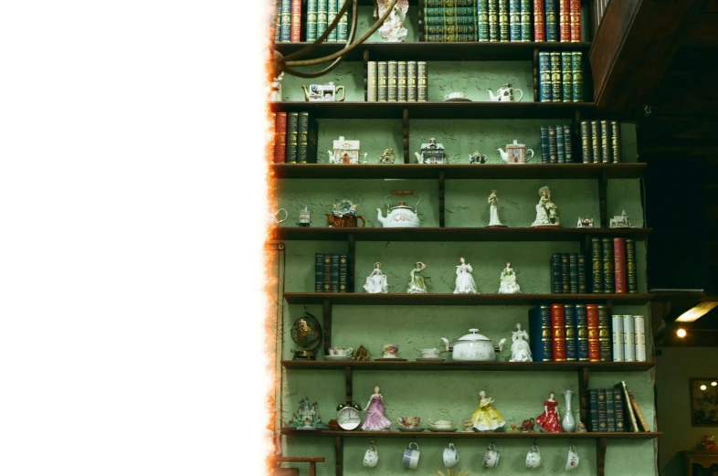 a room with several shelves with books, vases, and figurines
