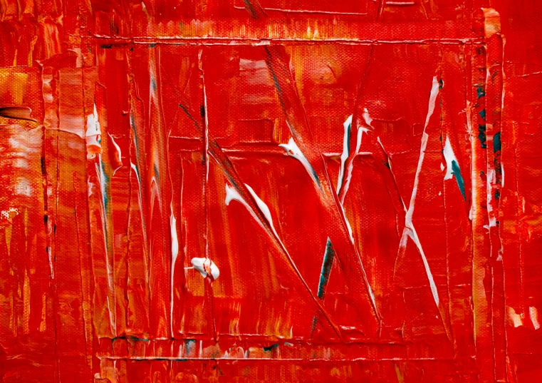 a red painting with black streaks and other abstract paintings