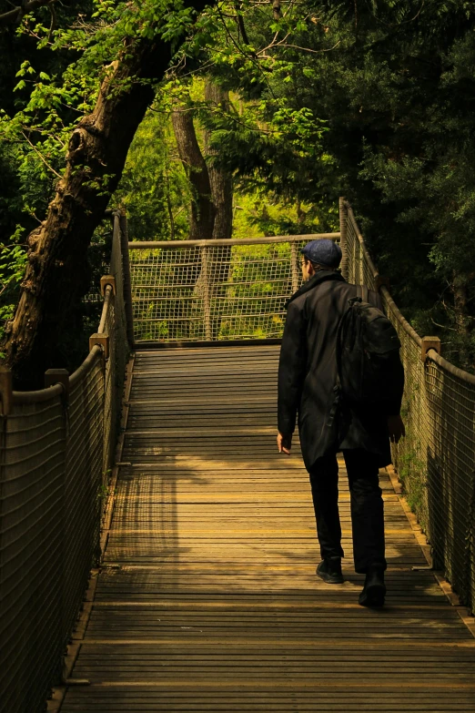 man walking over bridge in wooded area on sunny day