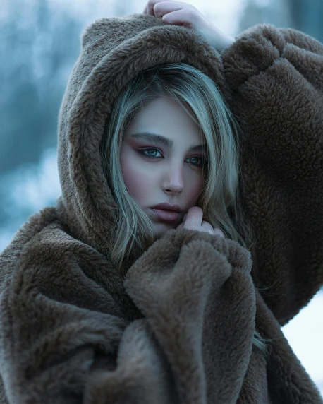 young woman with blue eyes bundled up outside in a hooded coat
