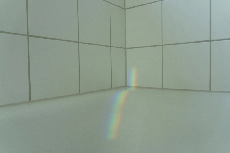 a tiled shower stall with the sunlight through the mirror