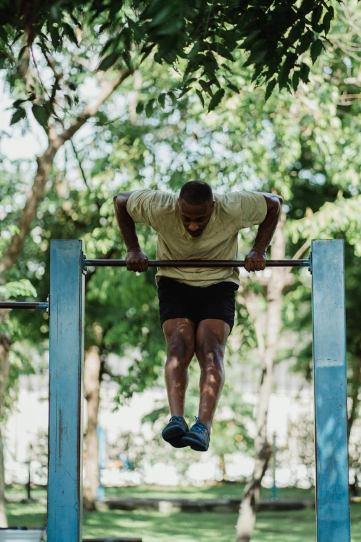 a man is doing pull ups on an over bars