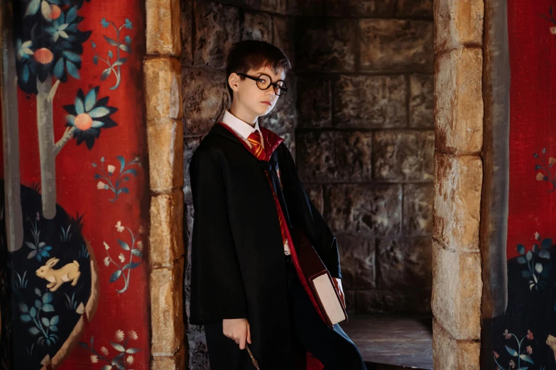 the harry potter costume is standing in a castle like setting