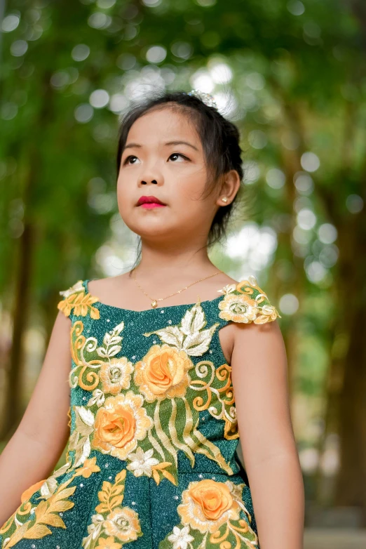 little girl in green and gold dress standing up for pograph