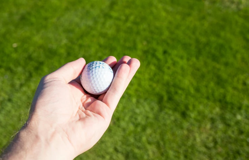 a person holding a golf ball in their hand