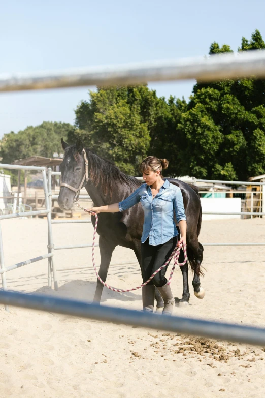 a woman leading a black horse behind a fence