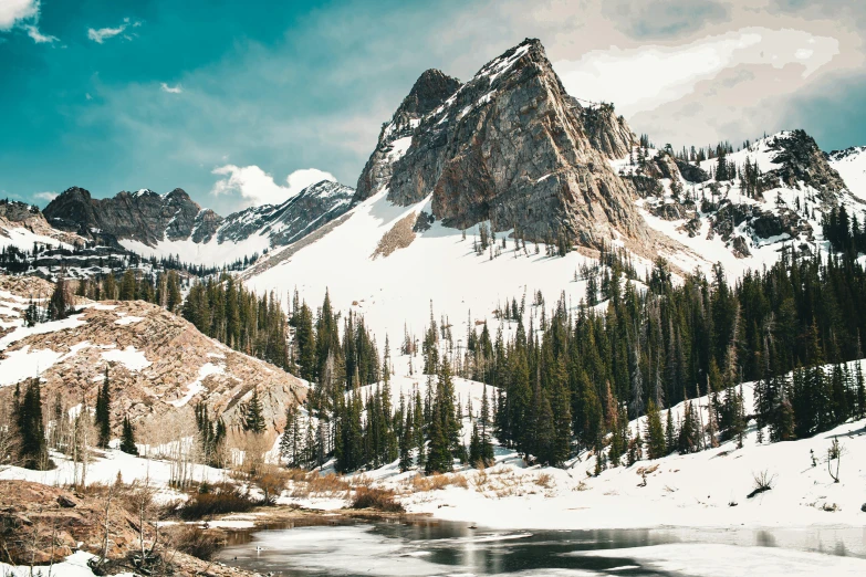 a snowy mountain with trees and lake in the foreground