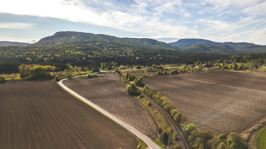 a dirt road running through a farm land