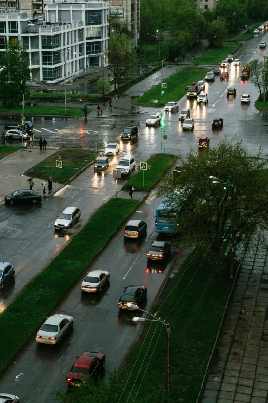 a view from above of an intersection on a rainy day