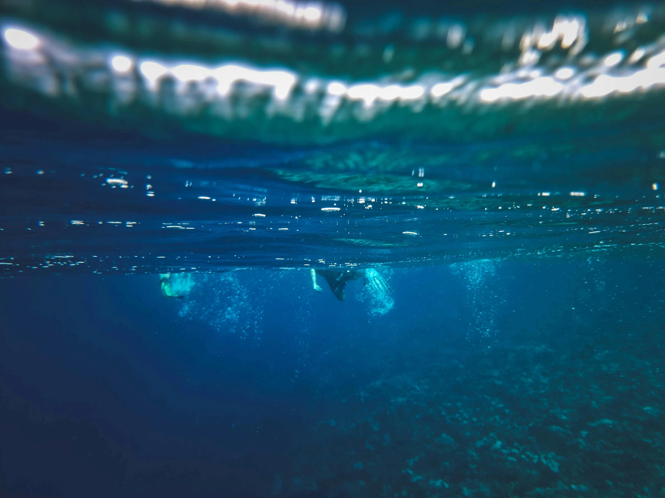 a couple people are swimming underwater in the ocean