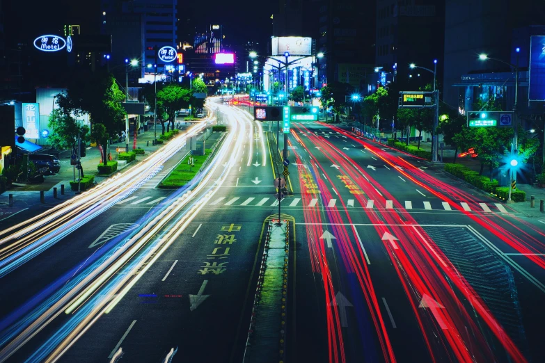 a nighttime s of a busy city street