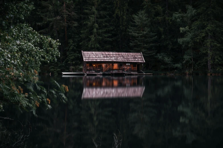 small log house on the edge of a calm lake