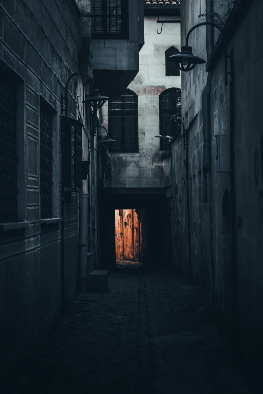 an alley way with a wooden door between two buildings