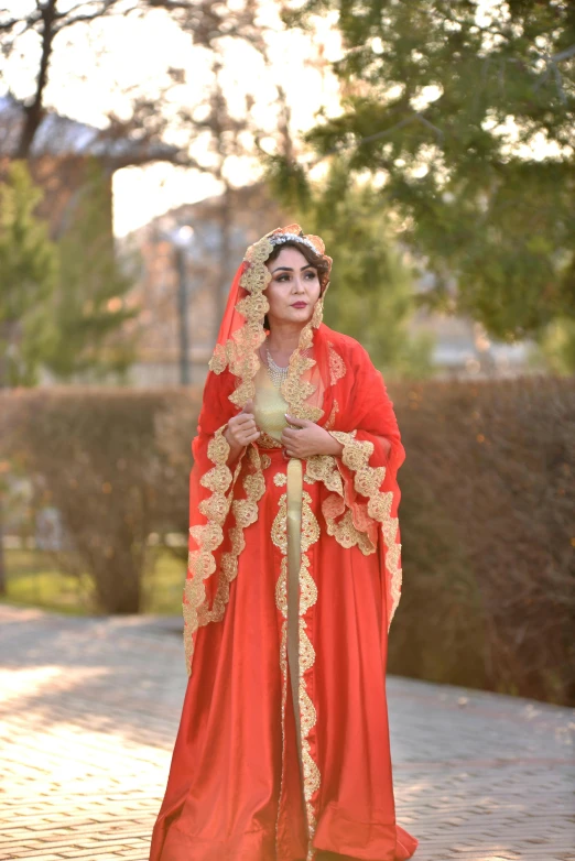 a woman in a red and gold indian outfit