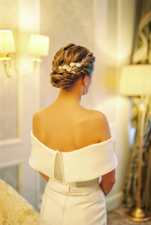 a woman wearing a dress stands in front of a bed