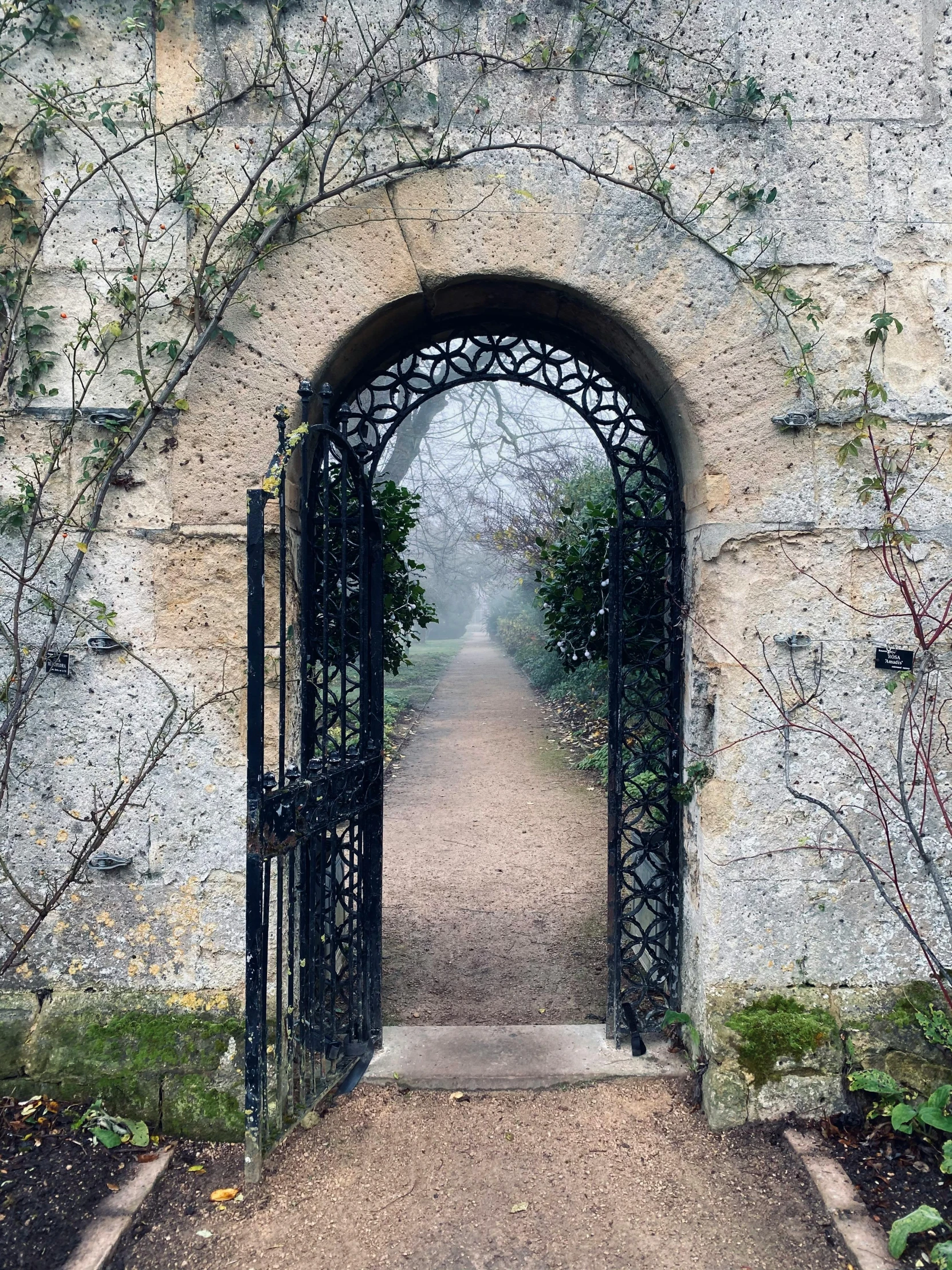 a large gate leading to an old garden