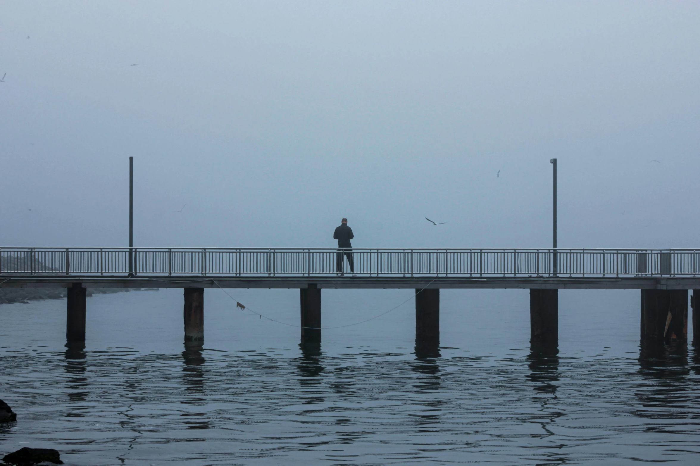 a person walks across the bridge in the fog