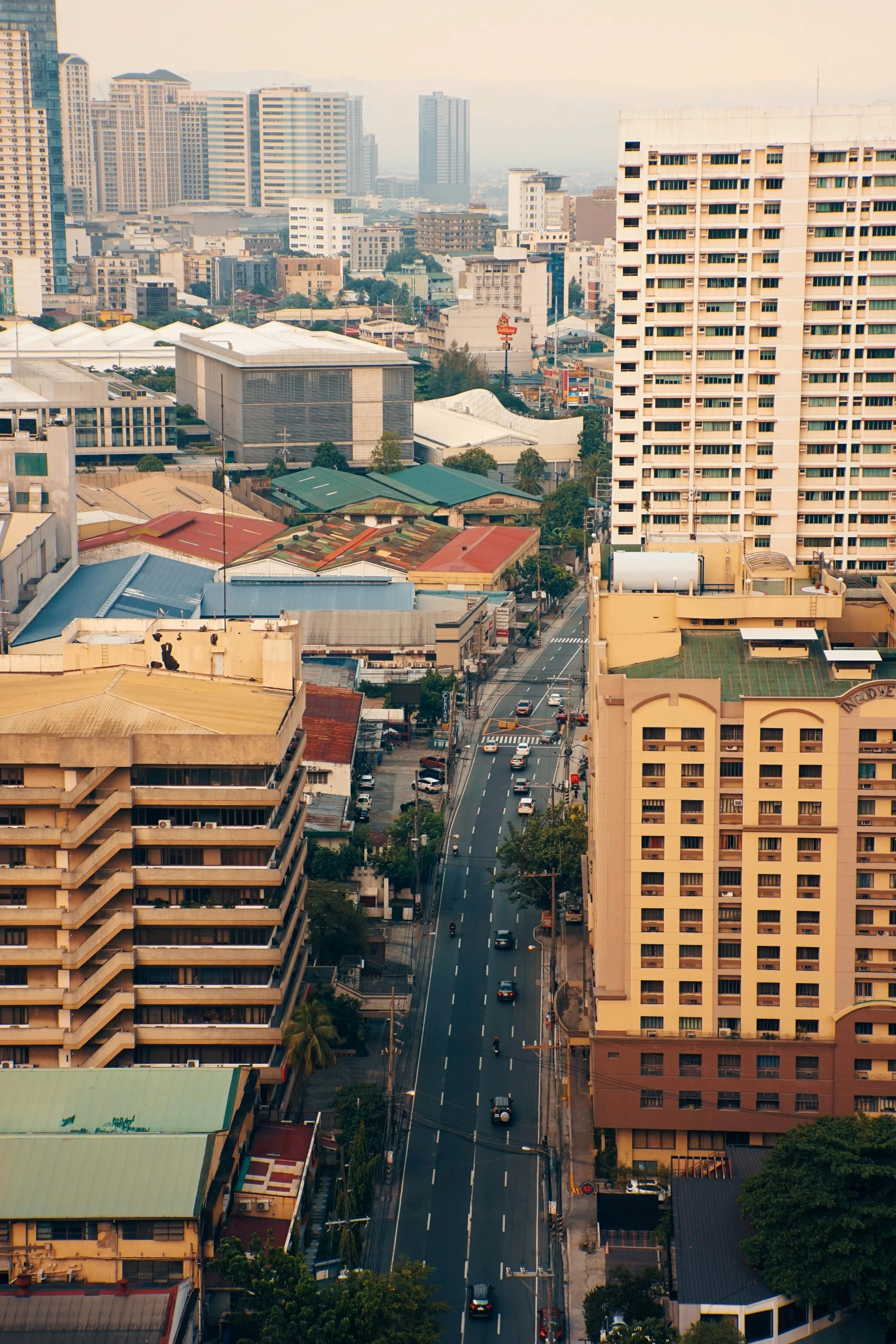 aerial view of a city with buildings and traffic