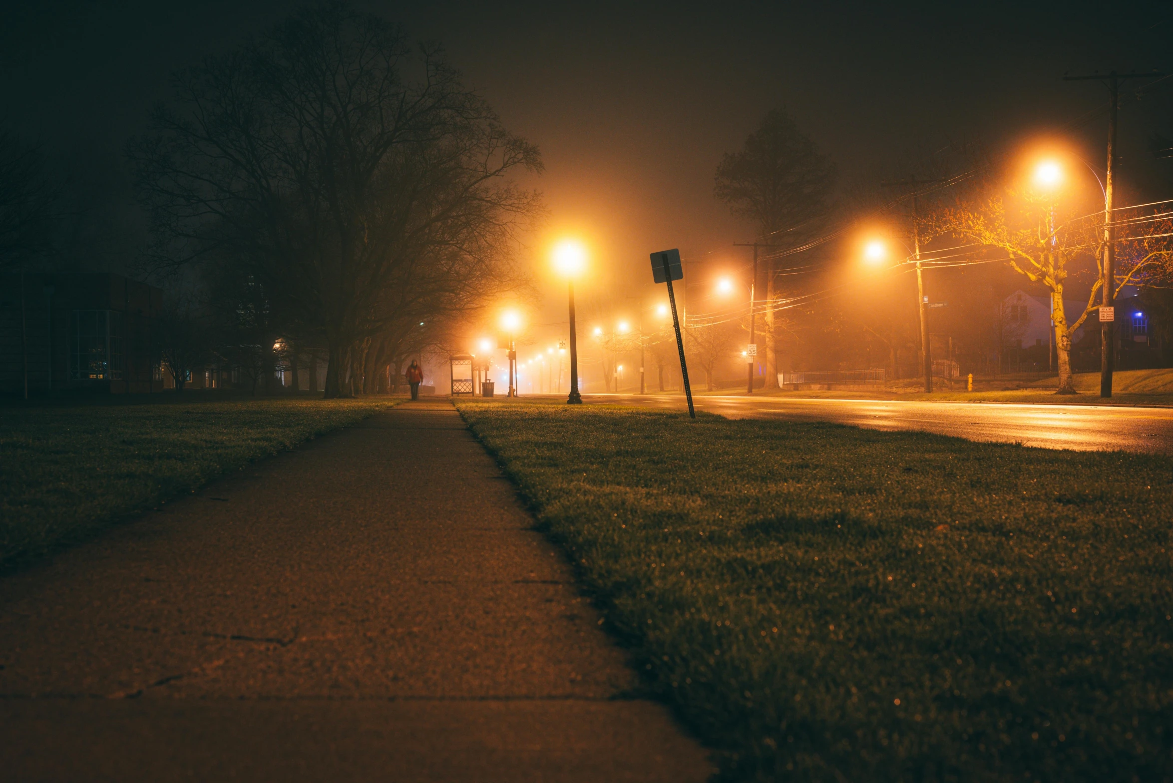 a walkway that is covered in streetlights and fog