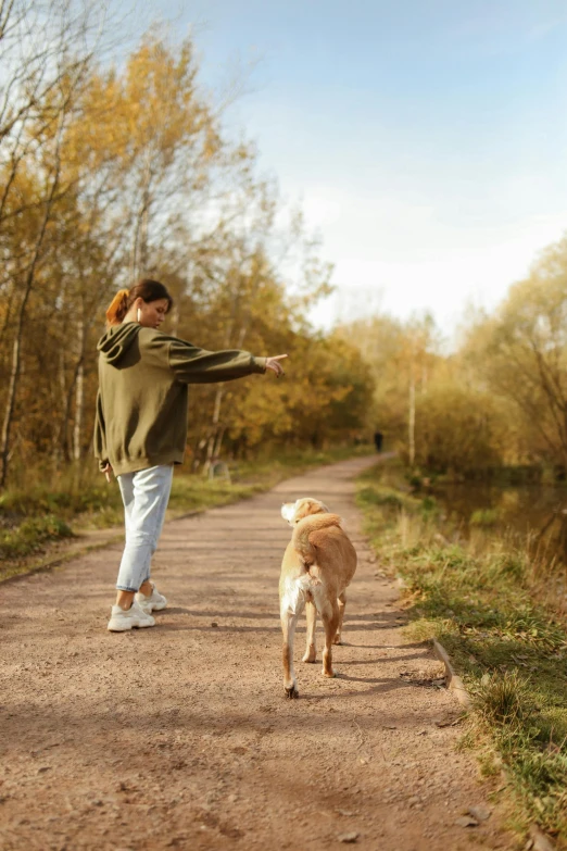 the girl is walking her dog on the road