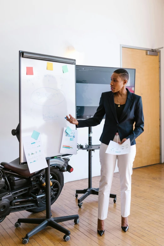 a lady is presenting her project on a board