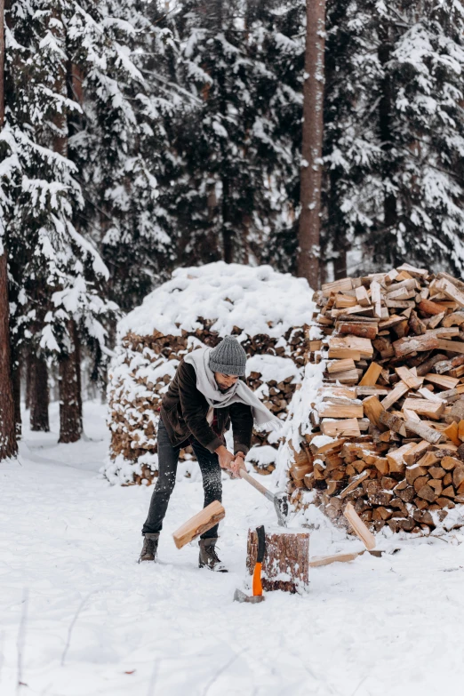 a man standing in the snow next to a pile of logs