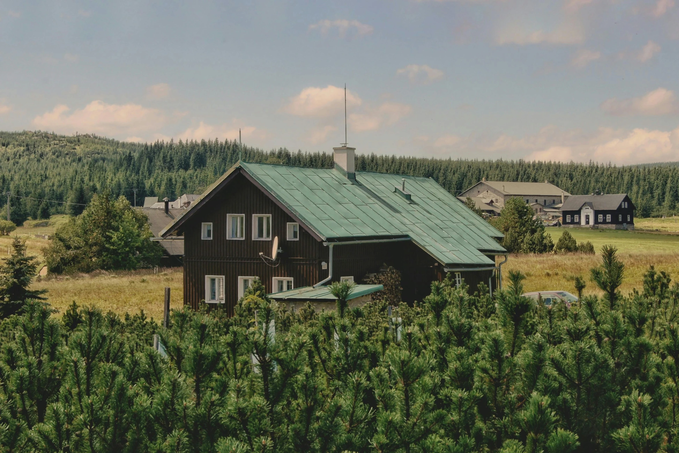 a view of a house with a green roof and some trees in the background