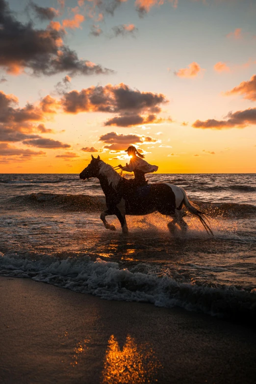 there are two horses that are galloping in the water