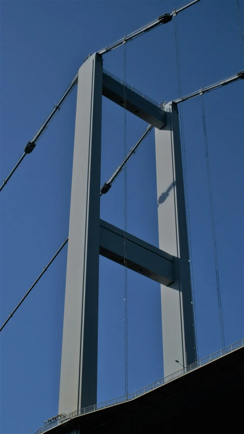 a view of the side of a bridge with wires all around